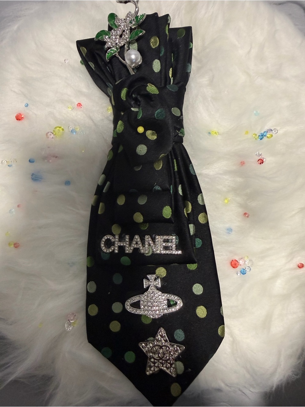 CHANEL Black Tie with Green and Yellow Polka Dots and Crystal Accents